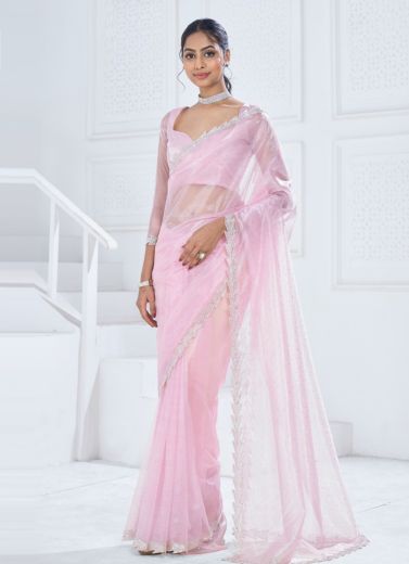 Light Pink Organza Stone-Work Carnival Saree For Kitty Parties