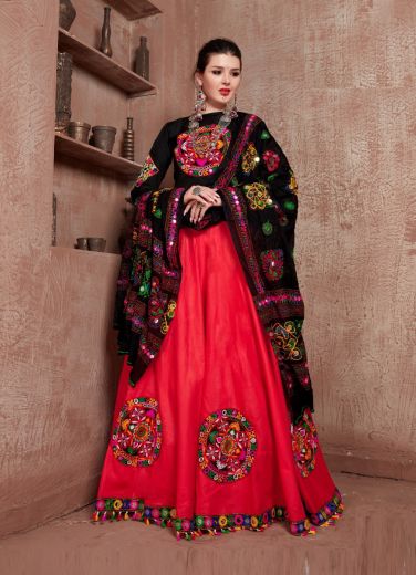 Red Cotton Mirror-Work Navratri-Wear Special Lehenga Choli