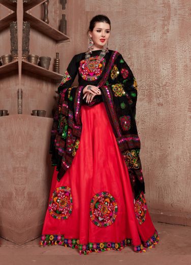 Red & Black Cotton Mirror-Work Navratri-Wear Special Lehenga Choli