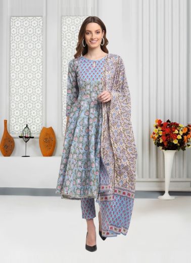 Light Blue Pure Cotton Printed Summer-Wear Pant-Bottom Readymade Salwar kameez