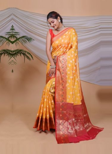 Orange Organza Weaving Festive-Wear Soft Silk Saree