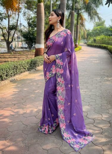 Violet Georgette Thread-Work Carnival Saree For Kitty Parties