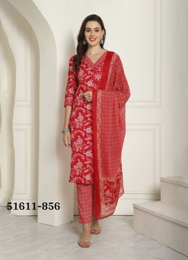 Red Pure Cotton Printed Summer-Wear Pant-Bottom Readymade Salwar Kameez