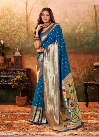 Dark Sky Blue Paithani Silk Weaving Party-Wear Saree