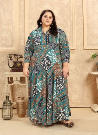Teal Blue Rayon Printed Plus-Size Kurti For Traditional / Religious Occasions