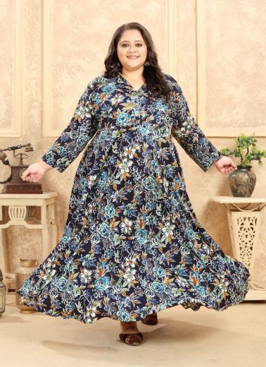 Dark Blue Rayon Printed Plus-Size Kurti For Traditional / Religious Occasions
