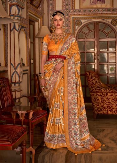 Orange Silk Bandhani Printed Festive-Wear Patola Saree
