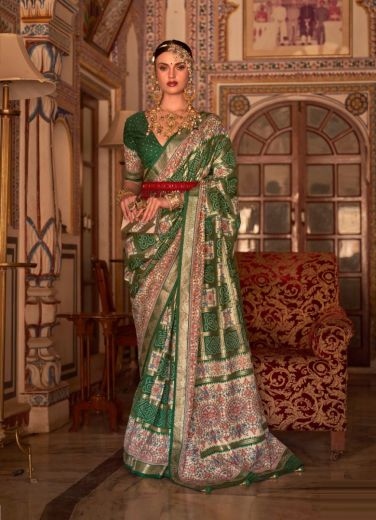 Green Silk Bandhani Printed Festive-Wear Patola Saree