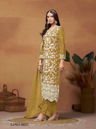 Metallic Golden Organza Thread-Work Festive-Wear Pakistani Salwar Kameez