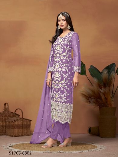 Lavender Organza Thread-Work Festive-Wear Pakistani Salwar Kameez