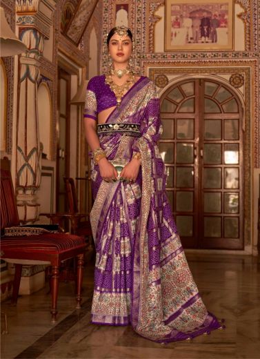 Violet Silk Bandhani Printed Festive-Wear Patola Saree