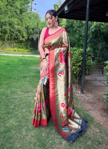 Light Olive Green Pure Paithani Woven Silk Saree For Traditional / Religious Occasions
