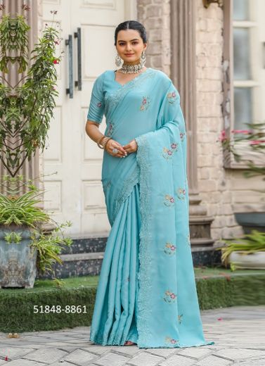 Sky Blue Tussar Cotton Thread-Work Beautiful Saree For Traditional / Religious Occasions