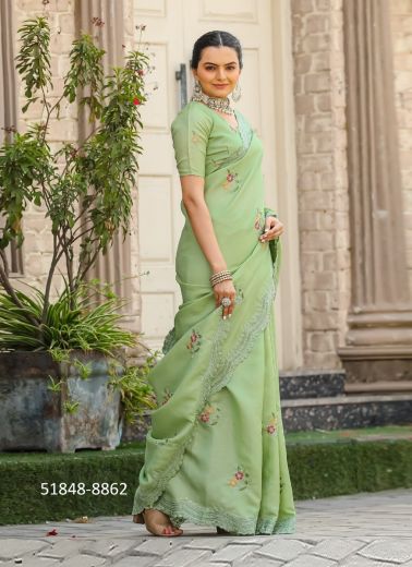 Light Green Tussar Cotton Thread-Work Beautiful Saree For Traditional / Religious Occasions