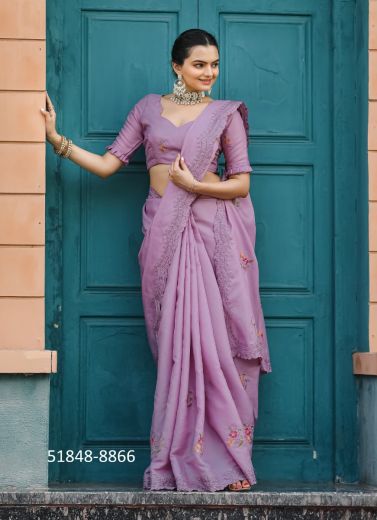 Light Purple Tussar Cotton Thread-Work Beautiful Saree For Traditional / Religious Occasions
