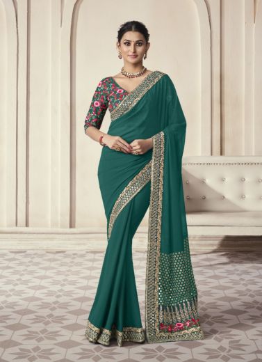 Teal Green Art Silk Embroidered Wedding-Wear Boutique-Style Saree