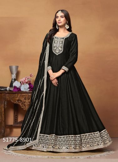 Black Art Silk Embroidered Floor-Length Salwar Kameez For Traditional / Religious Occasions