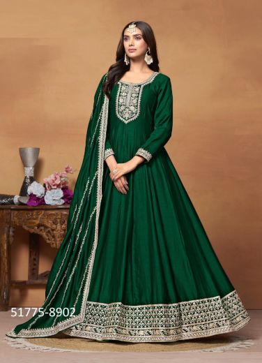 Green Art Silk Embroidered Floor-Length Salwar Kameez For Traditional / Religious Occasions
