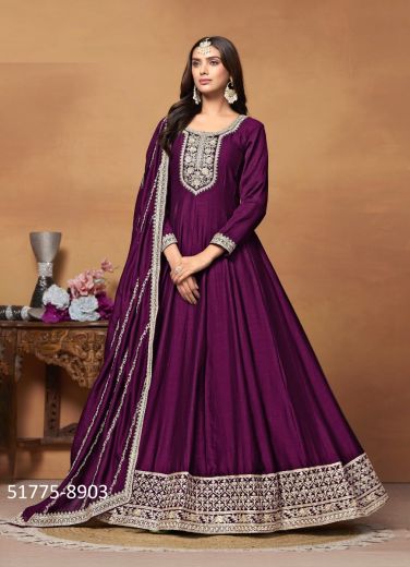 Purple Art Silk Embroidered Floor-Length Salwar Kameez For Traditional / Religious Occasions
