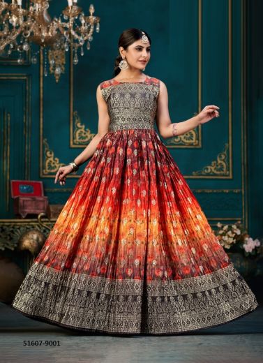 Multicolor Chinon Silk Digitally Printed Festive-Wear Readymade Floor-Length Gown