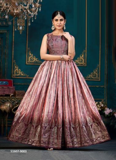 Pink Chinon Silk Digitally Printed Festive-Wear Readymade Floor-Length Gown With Belt