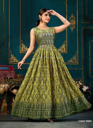 Light Olive Green Chinon Silk Digitally Printed Festive-Wear Readymade Floor-Length Gown With Belt
