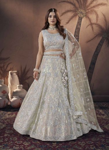 Light Cream Net Handwork Wedding-Wear Readymade Bridal Lehenga Choli