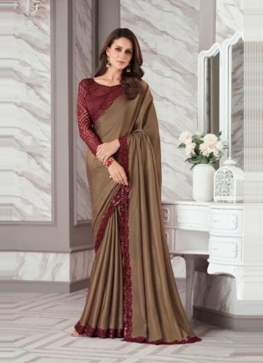 Light Brown Georgette Embroidered Party-Wear Boutique-Style Saree