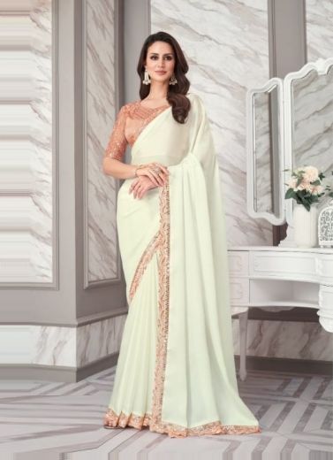 White Satin Silk Embroidered Party-Wear Boutique-Style Saree