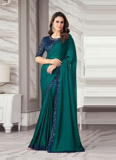 Teal Green Two Tone Georgette Embroidered Party-Wear Boutique-Style Saree