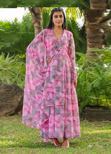 Pink Georgette Digitally Printed Resort-Wear Readymade Gown With Dupatta