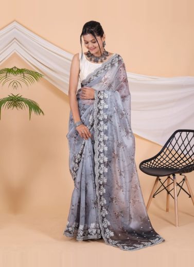 Light Steel Blue Pure Soft Organza Silk Digitally Printed Party-Wear Boutique-Style Saree