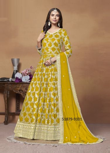 Yellow Dola Jacquard Embroidered Floor-Length Salwar Kameez For Traditional / Religious Occasions
