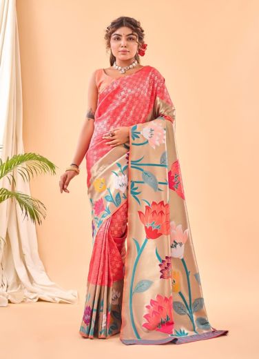 Coral Red Pure Paithani Silk Party-Wear Saree