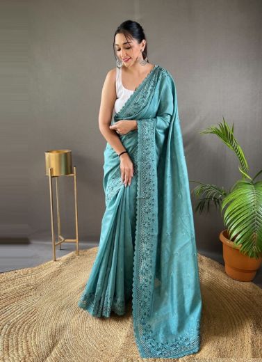 Sky Blue Pure Matka Silk With Thread-Work Party-Wear Soft Saree