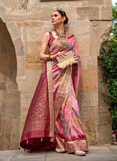 Pink Silk Weaving Soft Silk Saree For Traditional / Religious Occasions