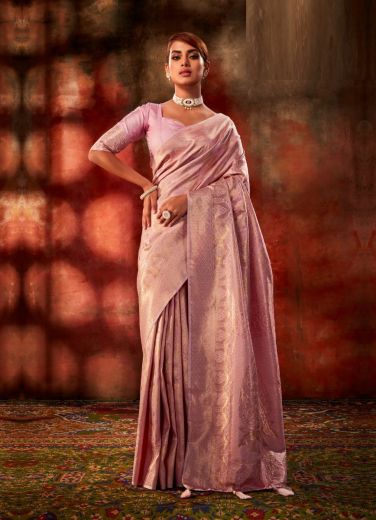 Light Pink Satin Kanjivaram Woven Silk Saree For Traditional / Religious Occasions