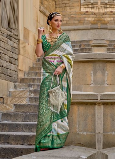 Green Silk Digitally Printed Party-Wear Leheriya Saree