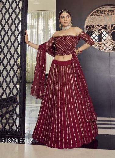 Wine Red Georgette Embroidered Party-Wear Stylish Lehenga Choli