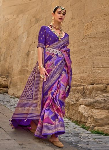 Violet & Purple Silk Digitally Printed Party-Wear Leheriya Saree