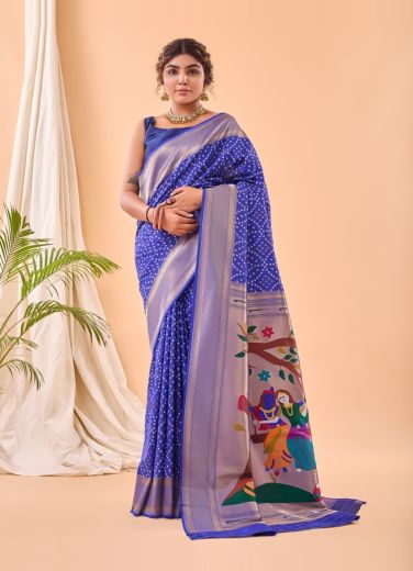 Blue Bandhej Printed Party-Wear Paithani Silk Saree