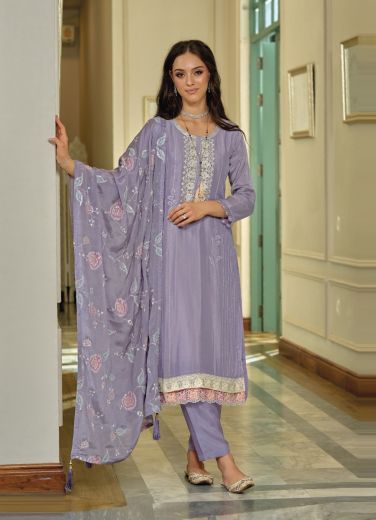 Lavender Premium Silk Thread-Work Party-Wear Readymade Pant-Bottom Salwar Kameez