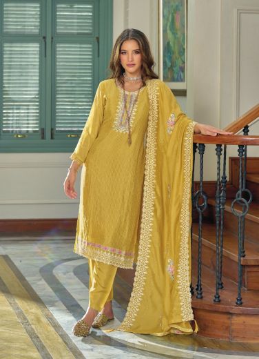 Yellow Premium Silk Thread-Work Party-Wear Readymade Pant-Bottom Salwar Kameez