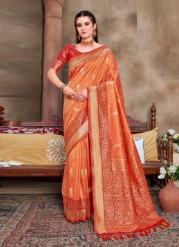 Coral Banarasi Silk Weaving Party-Wear Saree