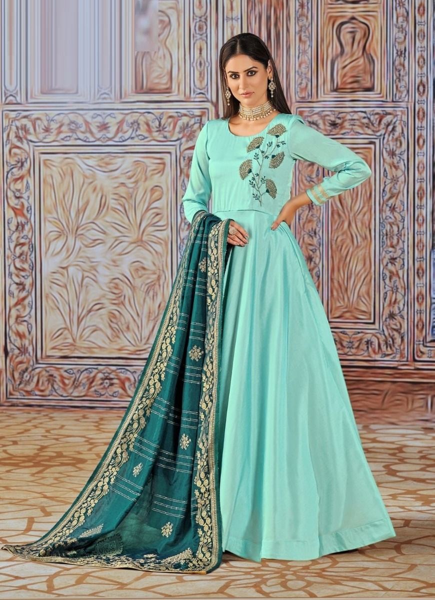 ANGHAN BROTHERS Women's Self Design Solid Art Silk Cotton Silk Stitch  Flared Anarkali Gown Green : Amazon.in: Fashion