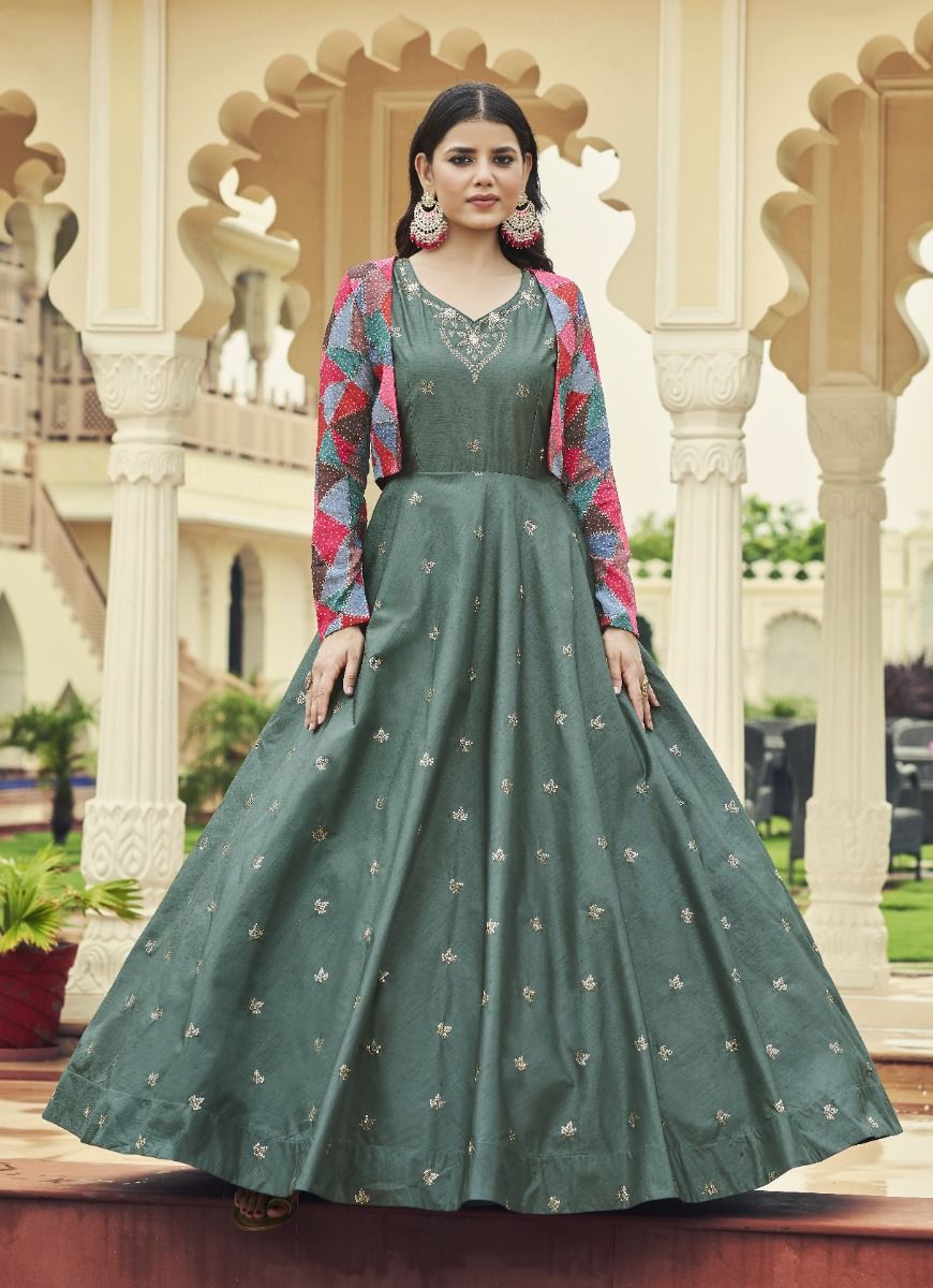 Buy Peach Color Georgette Drapping Gown with embroidered Jacket |  Lehenga-Saree