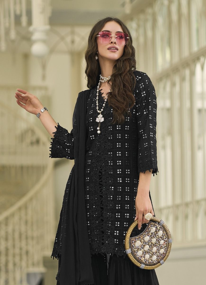 Printed Cotton Pakistani Suit in Black : KJL222