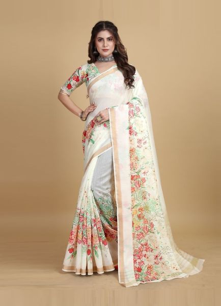 White Linen Cotton Floral Digitally Printed Saree