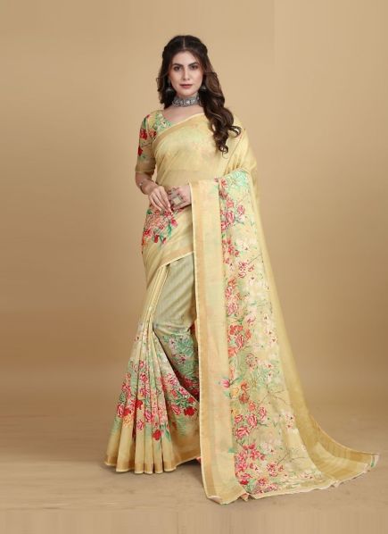 Creamy Yellow Linen Cotton Floral Digitally Printed Saree