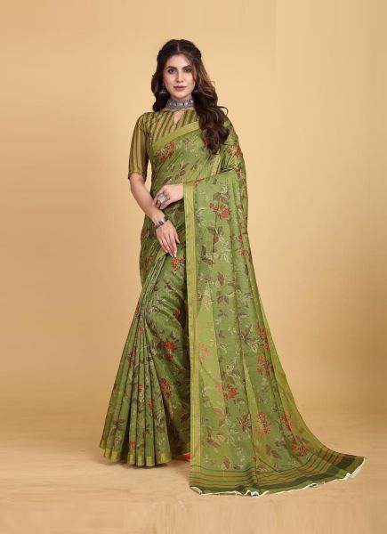Parrot Green Chanderi Silk Digitally Printed Saree For Office